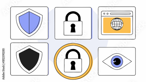 Illustration of security icons including shields, locks, a browser and an eye in square frames