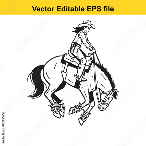 Black and white vector line art illustration of a female cowgirl wearing a cowboy hat riding a galloping horse, isolated on