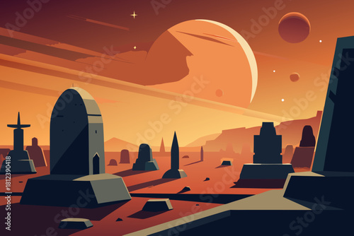 Abandoned Spaceship Graveyard Scene vector illustration