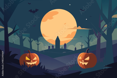 Eerie Pumpkin Patch under Full Moon vector illustration