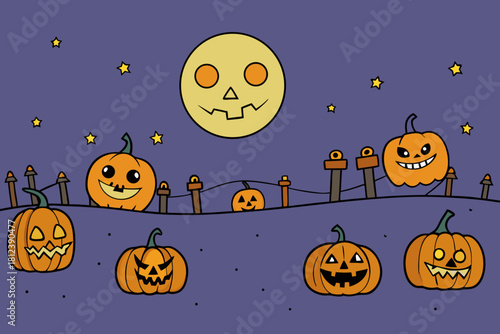Full Moon over Spooky Pumpkin Field vector illustration