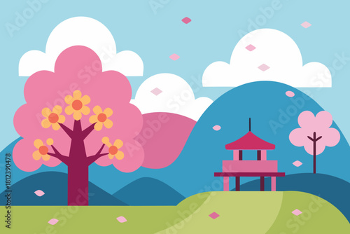 Outdoor Festival with Spring Blossoms vector illustration
