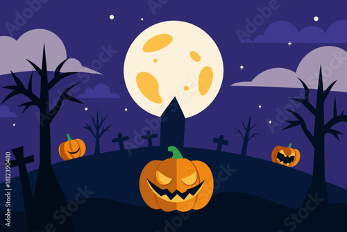 Nighttime Pumpkin Patch with Moon vector illustration