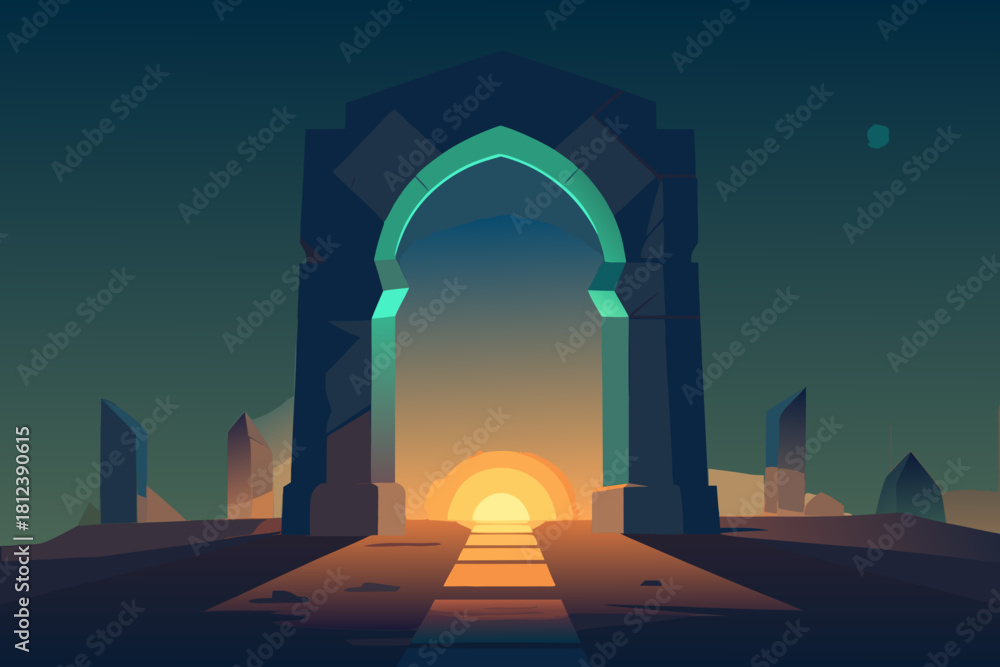 Fototapeta premium Mystic Stone Arch with Luminous Runes vector illustration