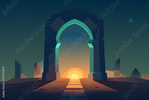 Mystic Stone Arch with Luminous Runes vector illustration