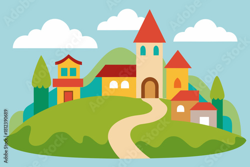 Whimsical Storybook Town Scene vector illustration