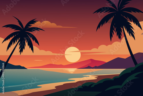 Silhouette Palm Trees at Beach Sunset vector illustration