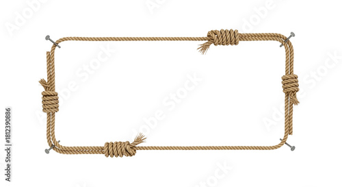 Realistic rectangular frame made of brown twisted rope with four corner knots, held by nails on an isolated white background