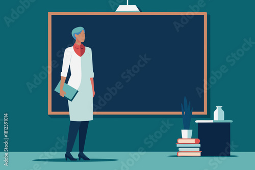 Classroom with Teacher and Chalkboard vector illustration
