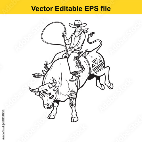 Black and white line art vector illustration of a cowboy riding a bucking bull with a lasso, isolated on