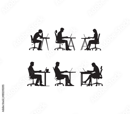 Silhouette People Working at Desks with Laptops for Workplace Productivity