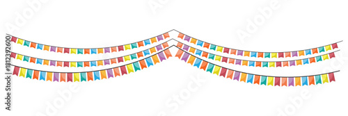 Carnival garland with flags for festive decoration in yellow, violet, sky, orange, red, green and pink colors.