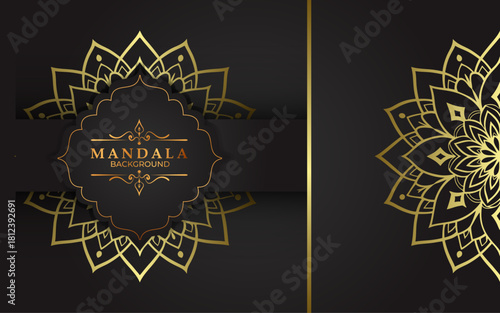 Elegant golden mandala floral pattern with black background and reflective design
