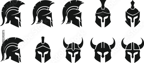 Collection of Ancient Warrior Helmets Vector Graphics Set on White Background