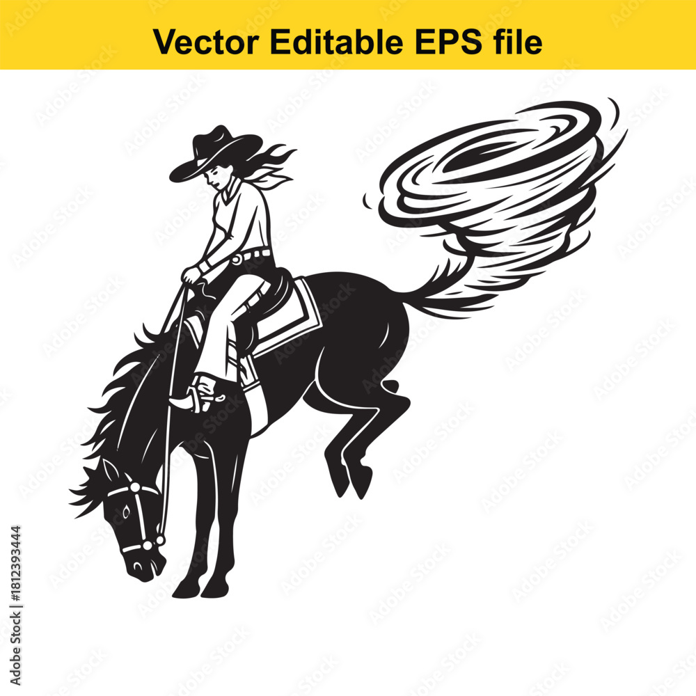 Fototapeta premium Black and white vector illustration of a cowboy or cowgirl riding a bucking bronco horse with a swirling tornado tail, isolated on
