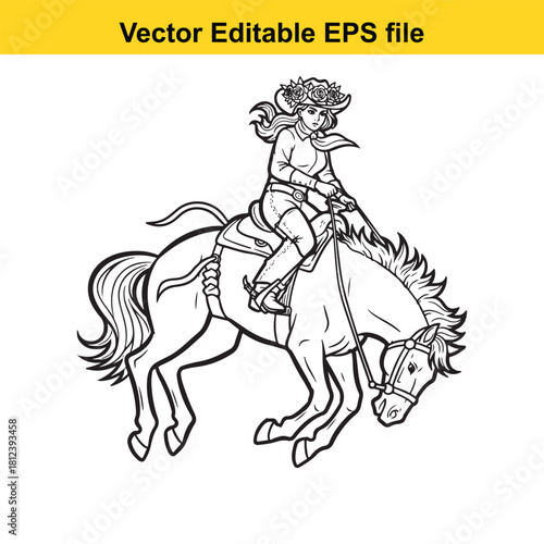 Black and white line art vector illustration of a female equestrian wearing a flower crown riding a spirited horse, isolated on