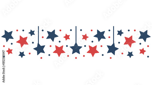 Festive border design with hanging red and blue stars and dots isolated on