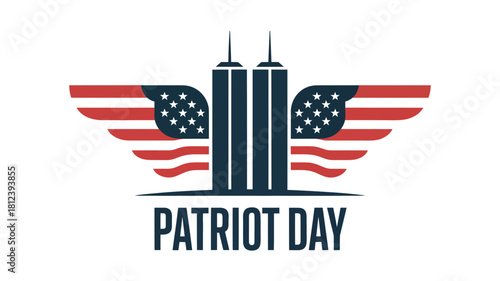 Patriot day memorial design with twin tower silhouette and american flag wing isolated on