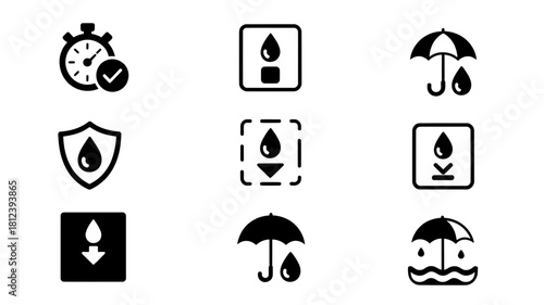 Collection of black and white waterproof and water resistance icons for product labeling isolated on