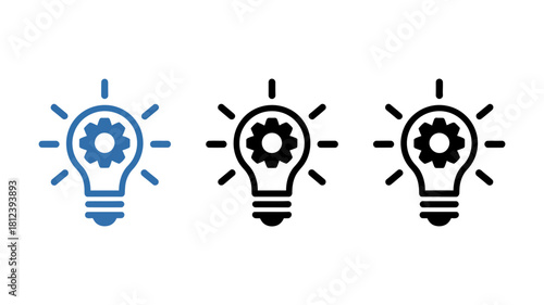 Set of three light bulb icons with gear inside, representing idea, innovation, and engineering solution