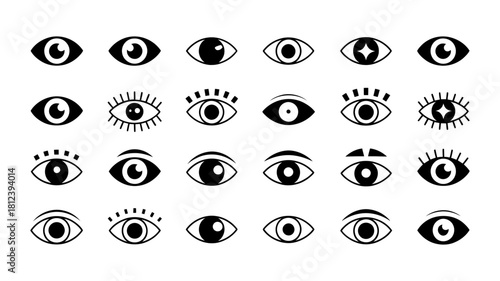 Collection of various black and white eye icons and symbols isolated on