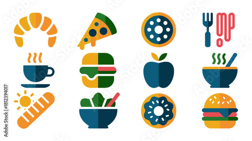 Collection of colorful flat design food and drink icons for breakfast lunch and dinner isolated on