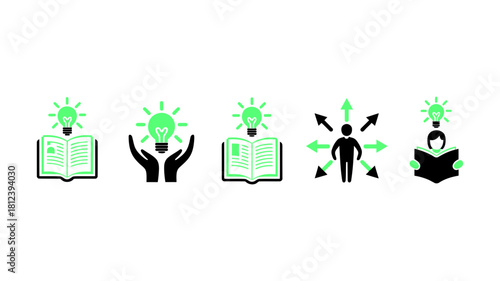 Set of five icons representing knowledge, idea, learning, decision, and thinking process isolated on