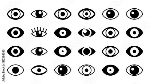 Collection of various black and white eye icons and symbols isolated on