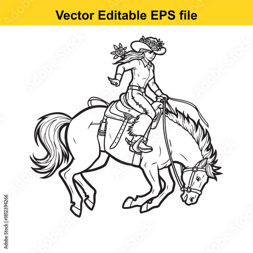 Black and white outline drawing of a female cowgirl wearing a cowboy hat with flowers riding a powerful horse, vector editable eps file