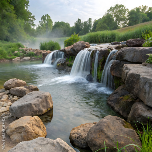 Serene waterfall cascading over roughhewn rocks