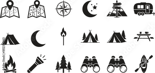 Collection of camping and outdoor adventure themed vector icons set