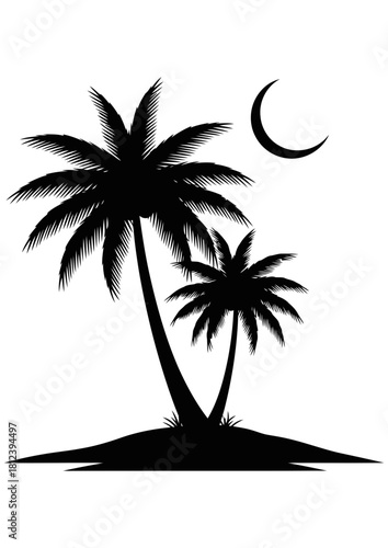 Black silhouette of two palm trees standing on a small piece of land under a crescent moon