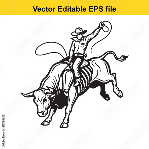 Black and white vector illustration of a cowboy riding a bucking bull during a rodeo competition, isolated on