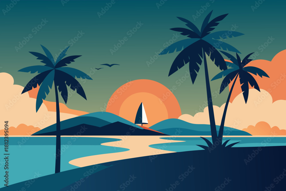 Obraz premium Summer Tropical Island with Surfboards vector illustration