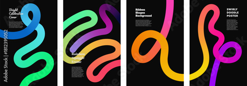 Bright color lines twist in abstract ribbon curves creating a fluid rainbow swirl. Modern vector layout blends wavy strokes with playful kid doodle energy for creative geometric poster or party cover.