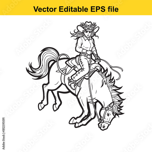 Black and white line art vector drawing of a cowgirl riding a bucking bronco horse in a rodeo competition, isolated on