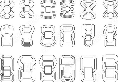 Buckle collection, vector, illustration, sketch, outline, hardware, strap, gear, ergonomic, durable, technical, structured, layout, silhouette, fastening, secure, equipment, design, adjuster