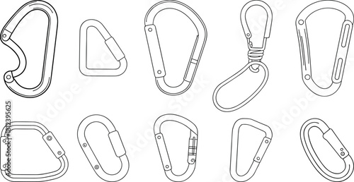 Carabiner hardware, vector, illustration, sketch, outline, buckle, clip, strap, gear, ergonomic, durable, technical, structured, layout, silhouette, fastening, secure, equipment