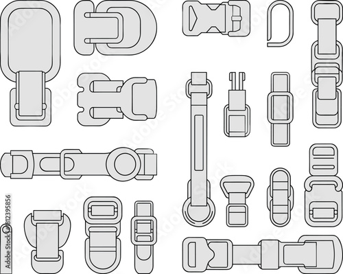 Buckle hardware, vector, illustration, sketch, outline, strap, gear, fastening, ergonomic, durable, technical, structured, layout, silhouette, equipment, secure, design, adjuster, belt