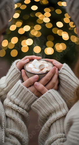 Hands hold mugs with hot chocolate and marshmallows on bokeh tree background