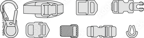 Strap hardware, vector, illustration, sketch, outline, buckle, hook, carabiner, gear, ergonomic, durable, technical, structured, layout, silhouette, fastening, secure, equipment