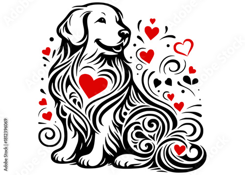 Golden Retriever Dog Sitting with Hearts Line art vector 
