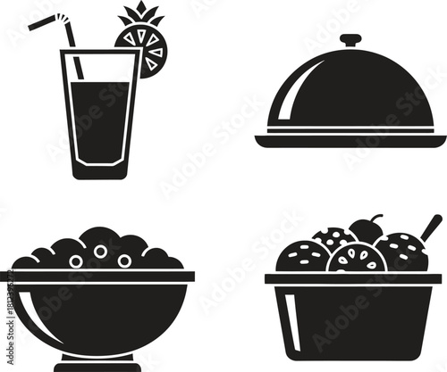 Collection of food and drink icons in bold black and white