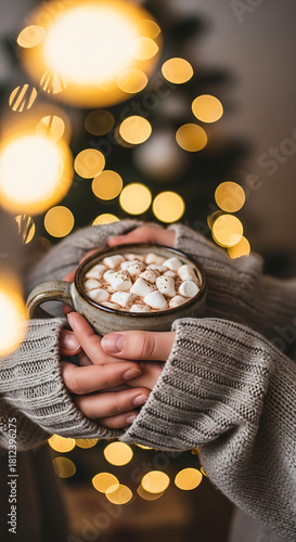 Hands hold mug of hot chocolate and marshmallows on blurred bokeh background