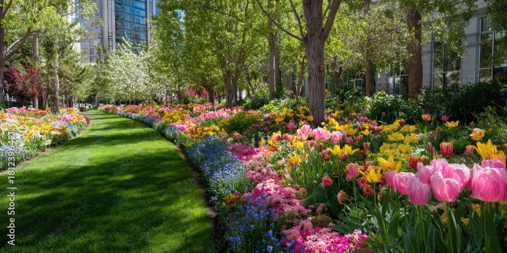 Fototapeta premium Vibrant Spring Garden in Urban Park with Blossom Trees and Greenery