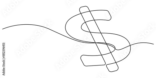 Golden dollar sign in one line art style. Drawing of a money symbol from a continuous line. Vector illustration for finance and economy concepts.