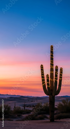 Illuminated saguaro cactus in desert at night against vibrant sunset sky scenery
