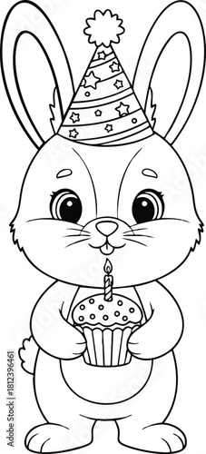 Birthday Bunny with Party Hat and Cupcake – Cute Celebration Rabbit Illustration
