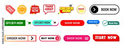 Order Now & Shop Now buttons collection, colorful call-to-action badges, buy now stickers, e-commerce web elements, vibrant CTA pack