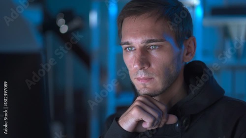 Programmer working late at night on code in a modern tech workspace.